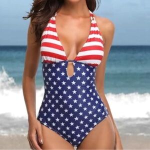 Stars and Stripes Pattern V Neck Ring-Linked Tie Back High Cut Swimsuit size XL